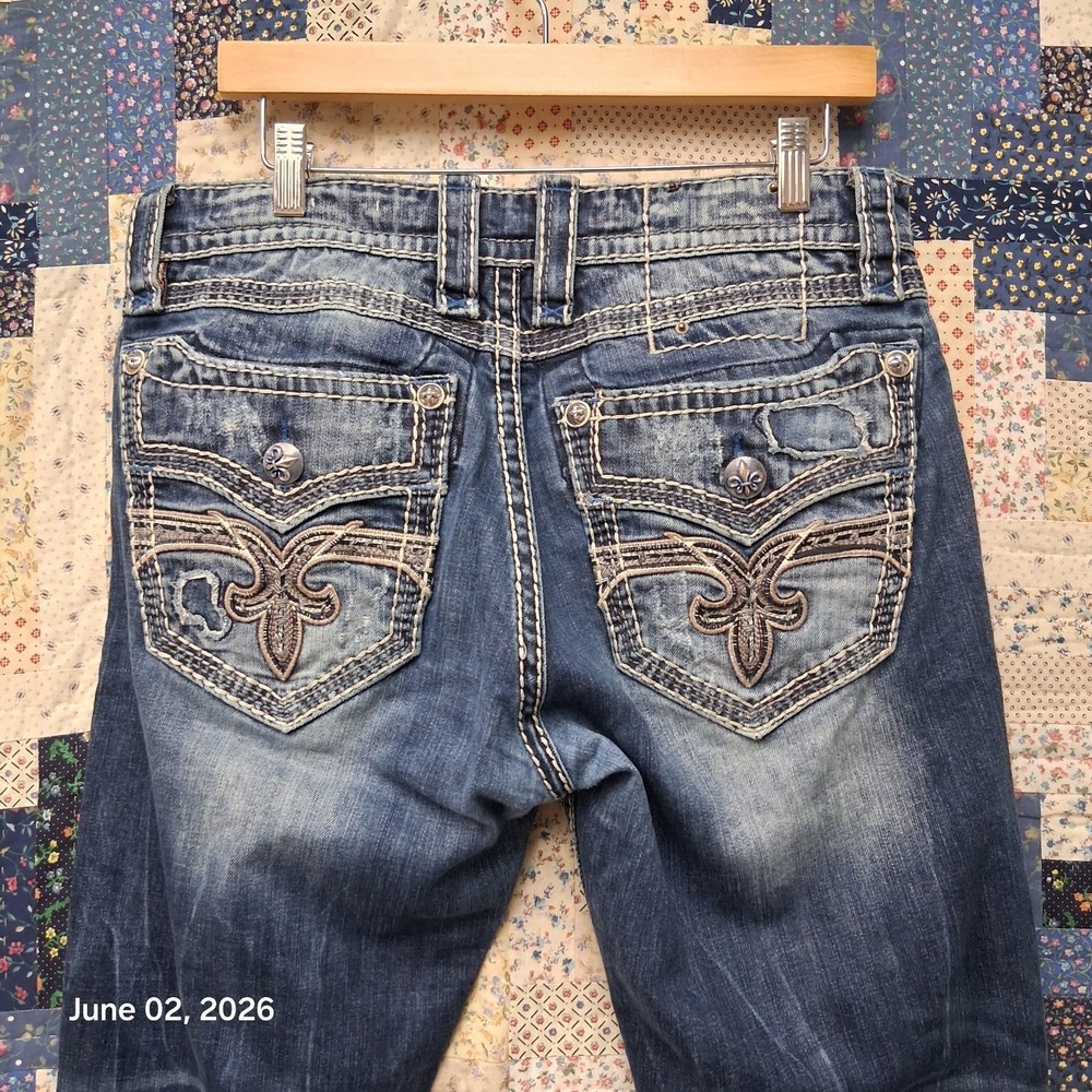 Rock Revival Estep Straight Blue Jeans Mens Size 33 Fluer De Lis Embroidered